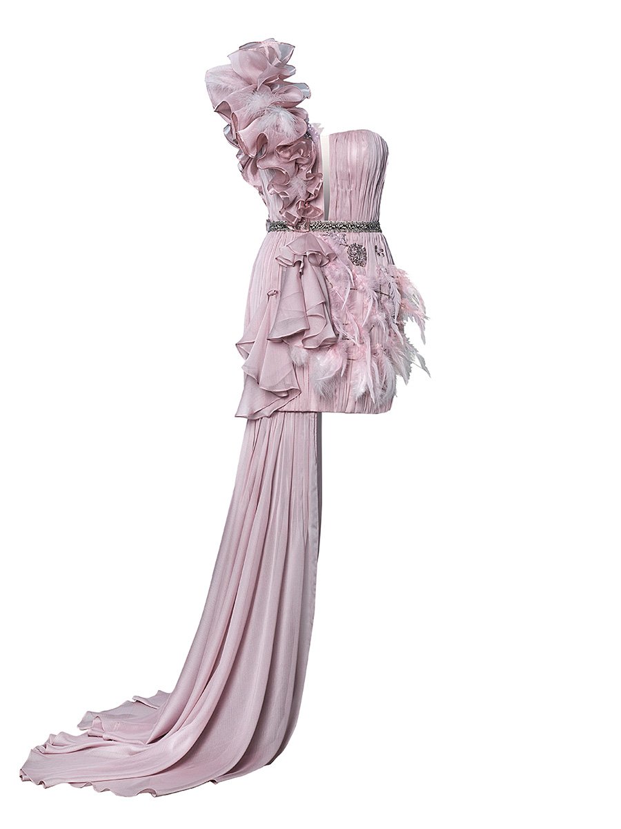 Pembe, Tüylü, İşlemeli, Drapeli, Fırfırlı, Tasarım Gece Elbisesi